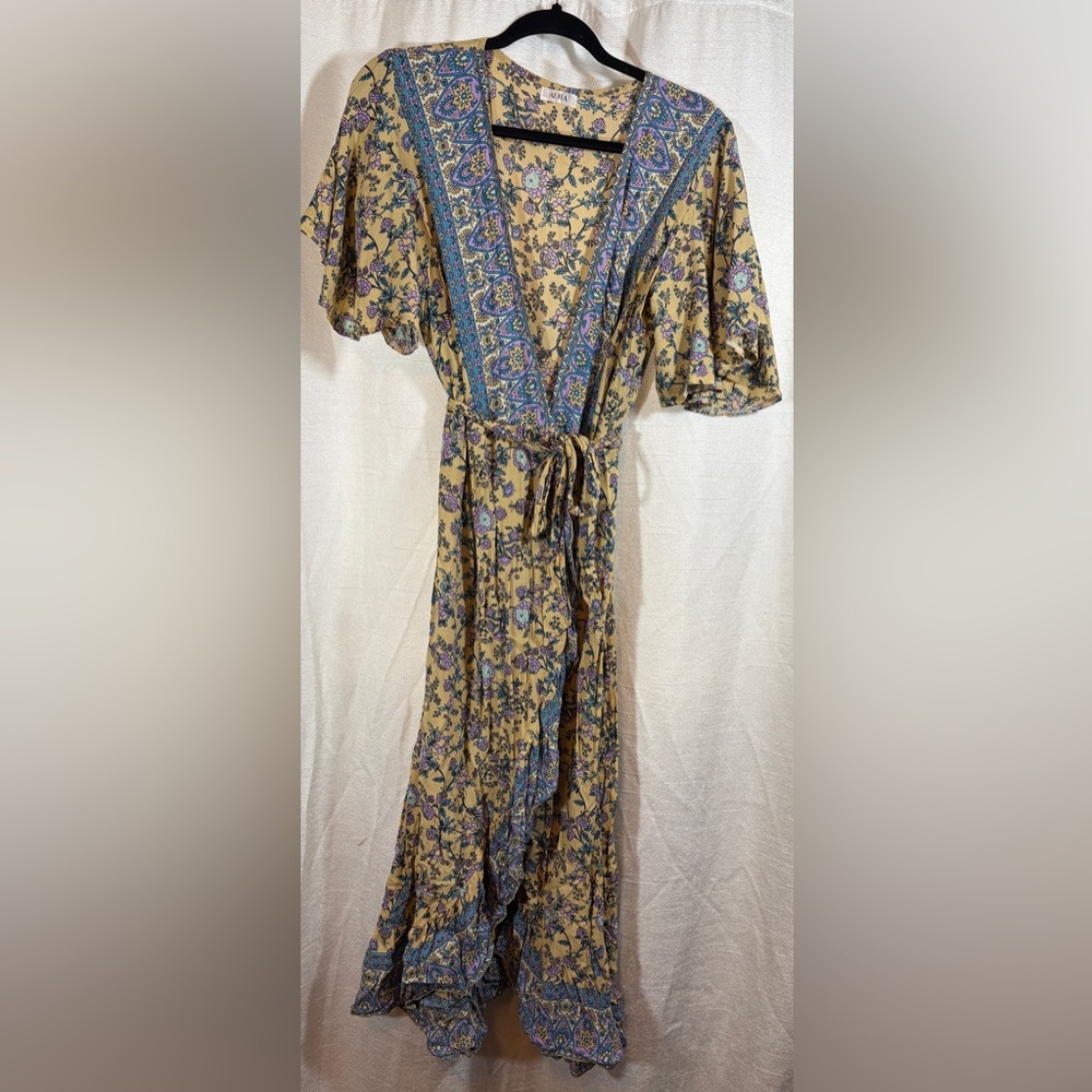 Aura Butter Yellow Floral Patterned Flouncing Sleeves and Hem Belted Wrap dress